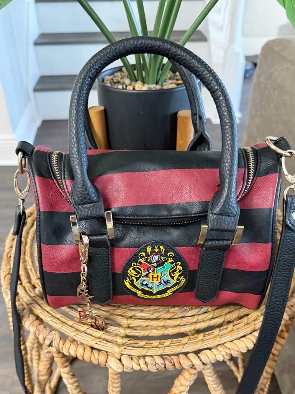 Harry Potter Hogwarts Crest Red & Black Striped Satchel Crossbody Bag